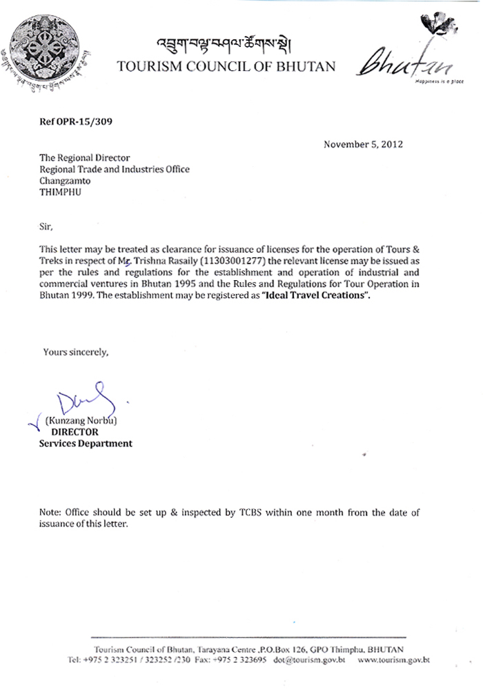 Approval letter from Tourism Council of Bhutan